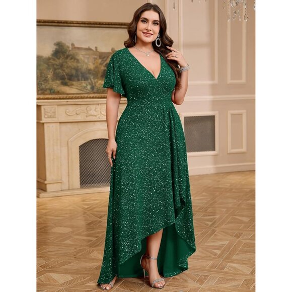 Women's Dark Green Formal Maxi Dress Glitter V Neck High Low Hem Ruched Dresses - Picture 6 of 6